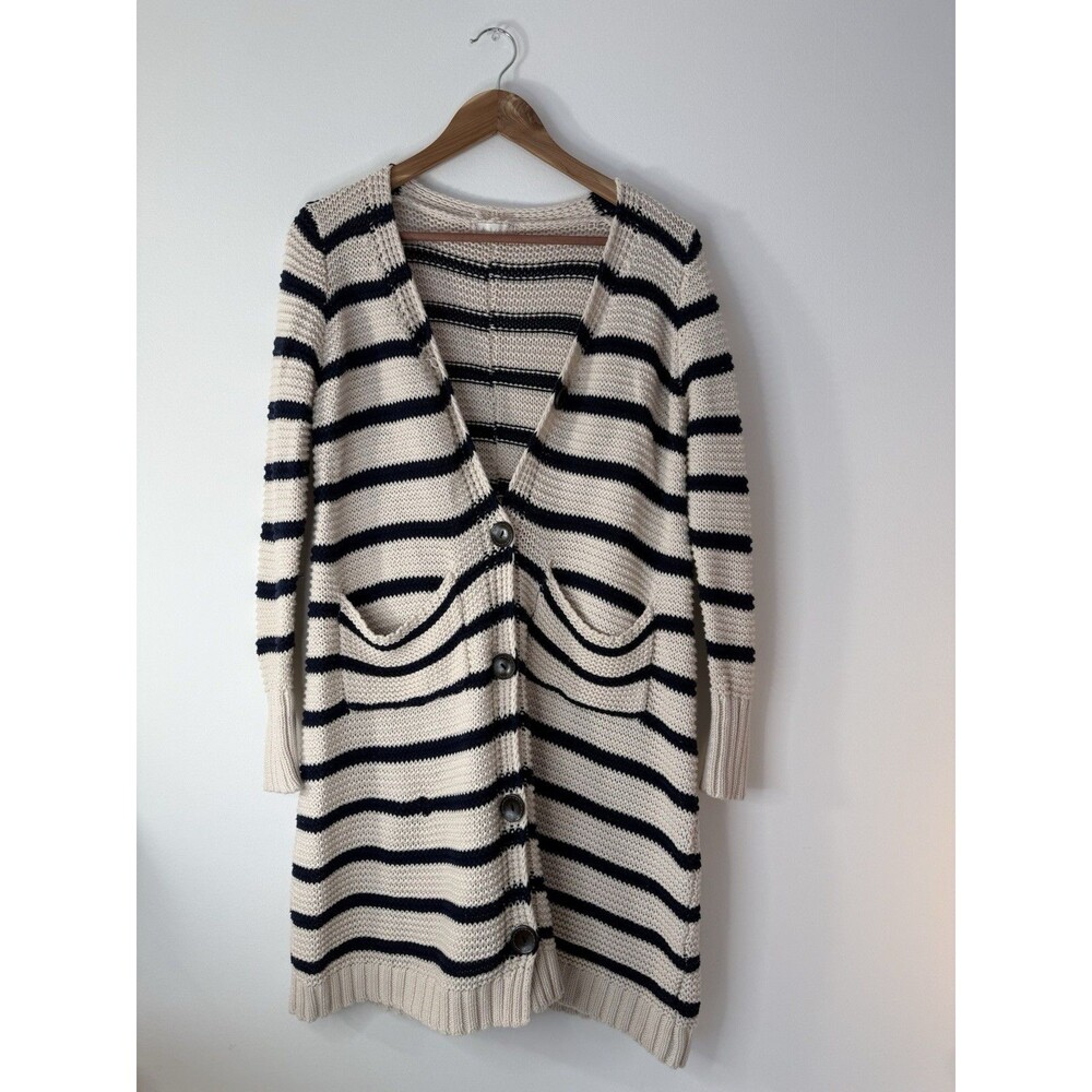 ✿ Anthropologie Moth Cardigan Sweater Stripe Nautical Cotton Long Knit S